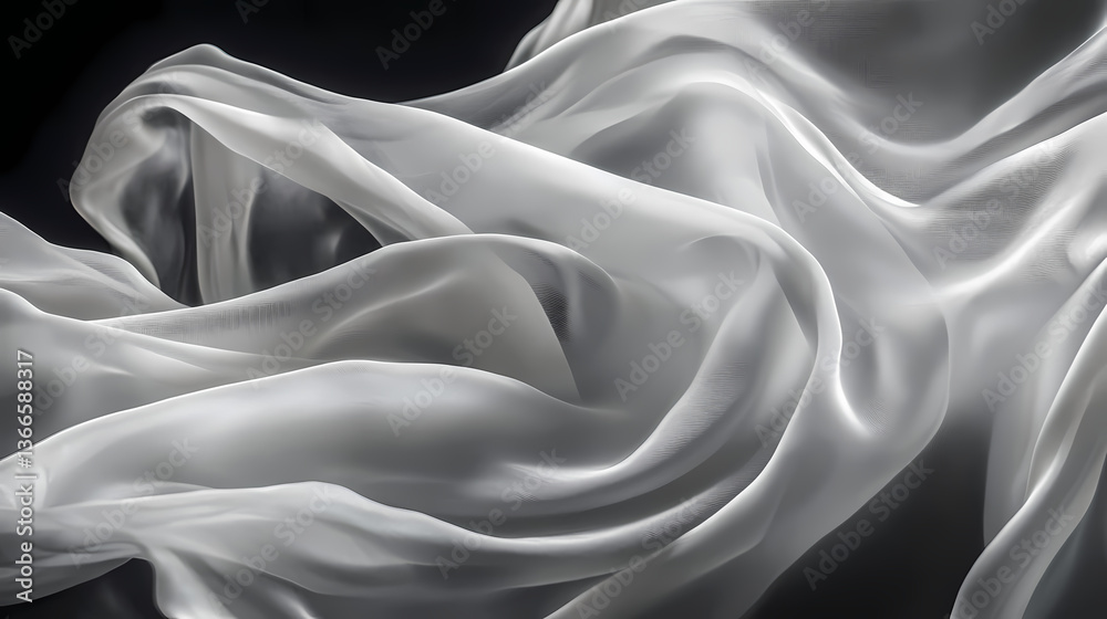 Fototapeta premium Ethereal silk fabric dancing in zero gravity pure white gossamer cloth with elegant folds and ripples dramatic studio lighting on dark background. Gossamer Shadows. Illustration