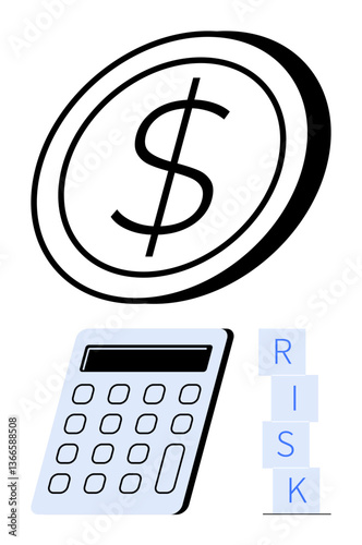 Dollar coin above a calculator alongside stacked blocks spelling RISK. Ideal for finance, accounting, risk management, investment, budgeting, analysis, strategic planning. Abstract line flat metaphor