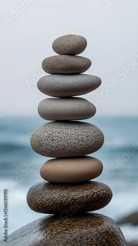 Stack of smooth, rounded stones in gray and brown on a sea background