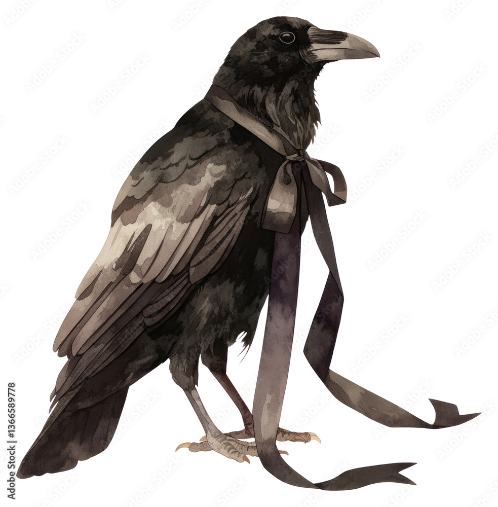 Fototapeta premium PNG Black coquette raven illustration ribbon bird.