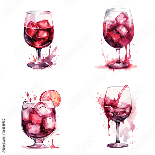 Watercolor set of red drinks with ice cubes in wine glasses, featuring splashes and citrus garnish. Perfect for cocktail menus, festive drinks, bar designs, and elegant party illustrations.

