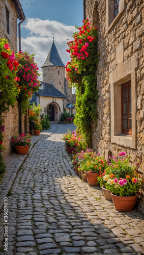 Fototapeta Naklejka Na Ścianę i Meble -  Charming cobblestone street lined with vibrant flowers in a historic village with a castle backdrop.