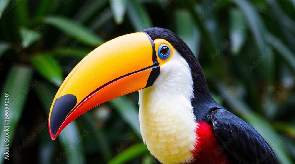 Fototapeta premium Vibrant Toucan with Open Beak in Lush Green Jungle - High-Resolution Wildlife Photo