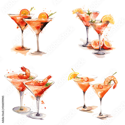 Watercolor set of shrimp cocktails and martini glasses with citrus garnishes. Perfect for seafood menus, cocktail parties, gourmet recipes, and elegant culinary illustrations.


