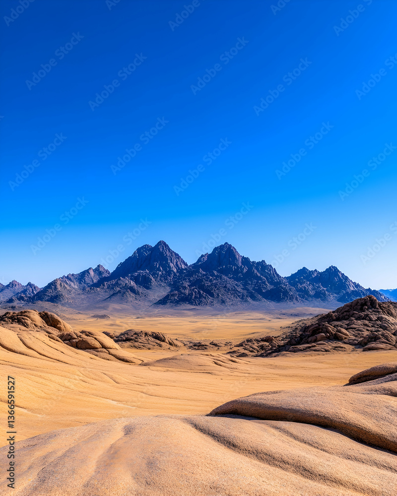 Fototapeta premium Vast desert landscape with mountains under a clear blue sky