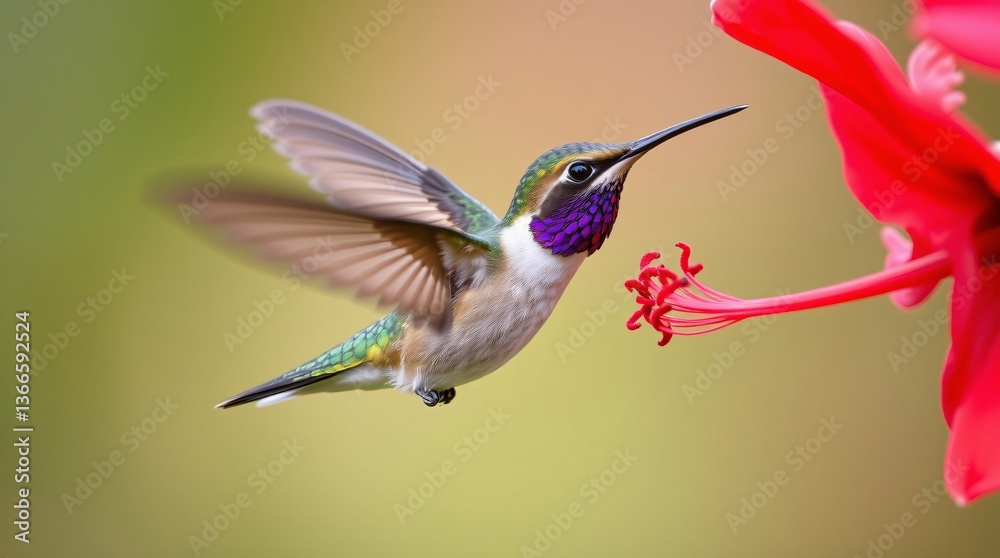 Single Hummingbird with Blurred Wings Hovering Near Bright Red Flower Single Hummingbird with Blurred Wings Hovering Near Bright Red Flower