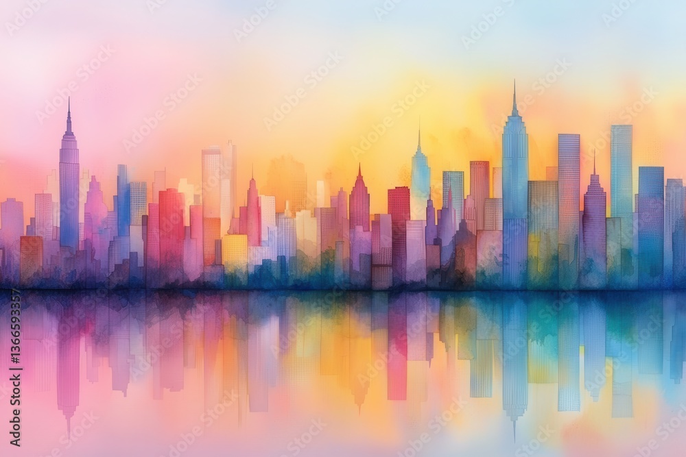 vibrant city skyline at sunset watercolor vibrant city skyline at sunset watercolor
