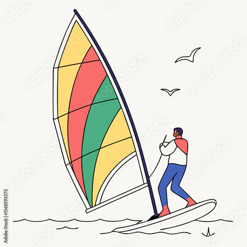 Windsurfer silhouette on the blue sea enjoys summer windsurfing sport near the beach