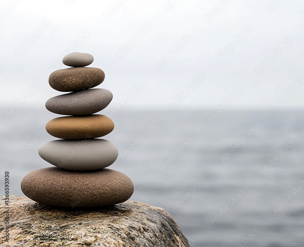 Stack of smooth, rounded stones in gray and brown on a sea background Stack of smooth, rounded stones in gray and brown on a sea background