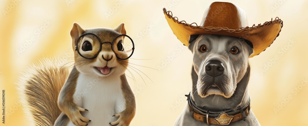 Fototapeta premium Charming cartoon squirrel and dog duo in glasses and cowboy hat on yellow background