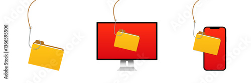 Illustrations of digital phishing show a folder on a hook in front of computer and phone screens.