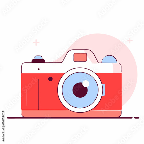 A red digital camera, a compact photography icon, captured in sharp focus against a white background