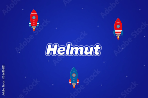 Helmut male boy name illustration in blue with rockets.