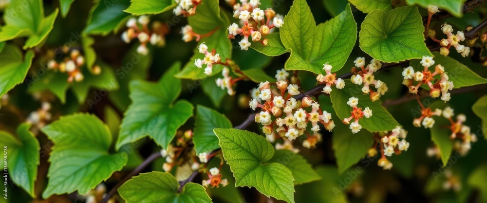 Close-up of delicate vine blossoms, showcasing vibrant green leaves and tiny flowers, eco, nature, vitis vinifera Close-up of delicate vine blossoms, showcasing vibrant green leaves and tiny flowers, eco, nature, vitis vinifera