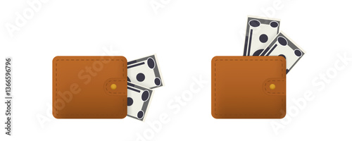 A plain leather wallet in warm brown with two banknotes visible, highlighting a simple money holder.