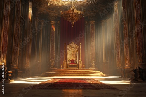 Ornate Throne Room Interior with Golden Details and Dramatic Lighting