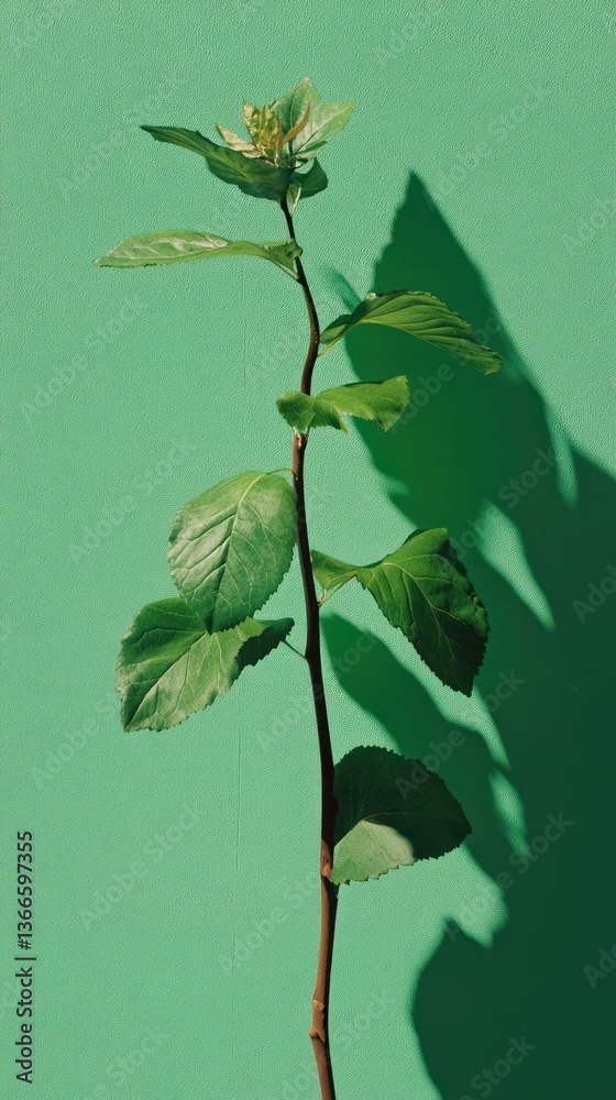 Fototapeta premium A slender green plant growing against a vibrant colored wall