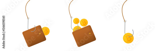 The image shows a brown wallet and a bitcoin coin on fishing lines, highlighting digital currency ideas.