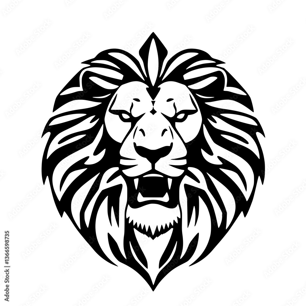 Obraz premium Lion's Roar: A bold, stylized graphic representation of a lion's head in a fierce roar, featuring a striking black and white contrast, emphasizing power and the wild spirit.