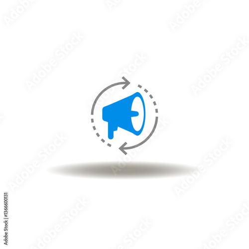 Vector illustration of loudspeaker or megaphone with round arrows process. Icon of advertising. Symbol of announcement. Pictogram of propaganda.