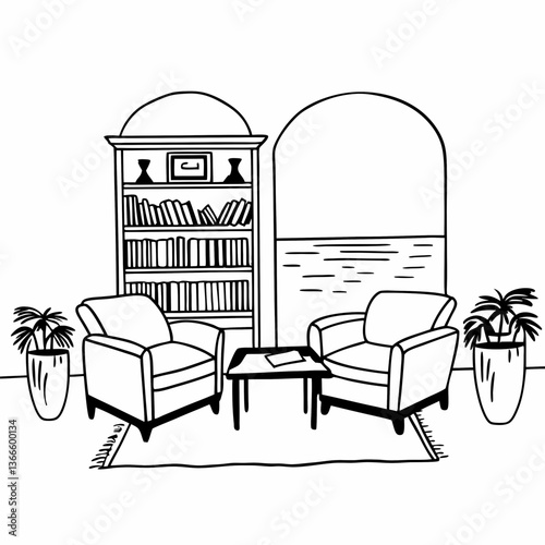 A simple chair illustration graces a minimalist room