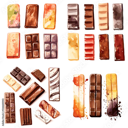 Watercolor collection of assorted chocolate bars in different flavors and colors. Perfect for dessert menus, candy packaging, sweet food designs, and confectionery illustrations.

