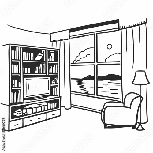 A vector illustration of a bookshelf against a wall enhances the room's interior design