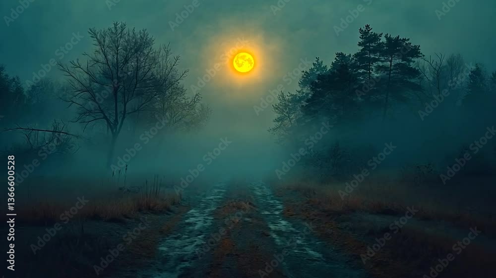 Mystical foggy forest path at night with a large orange moon. Mystical foggy forest path at night with a large orange moon.