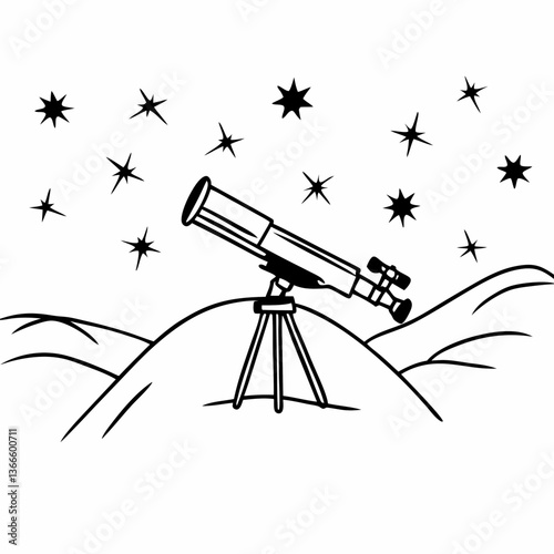 A black vector silhouette depicts a man with a telescope and a tripod, beside a man with a gun