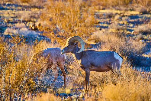 Obraz na płótnie Bighorn Sheep in Desert Landscape at Golden Hour Eye-level Perspective w salonie