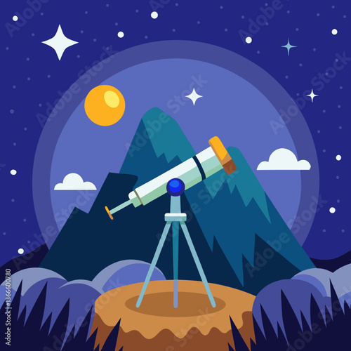Astronomy photography captures the moon and stars, a silhouette against the night sky, with a telescope and studio lighting