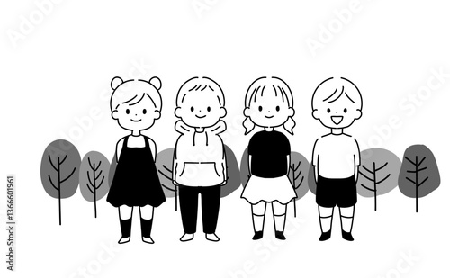 木の下で並ぶ子供たち