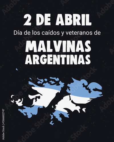 2 de Abril dia de veteranos y caídos en la guerra de Malvinas Argentina mapa de islas malvinas con bandera y texto editable con fondo negro