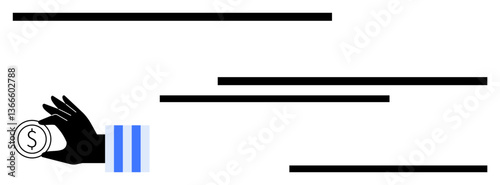 Hand holding coin with dollar sign, surrounded by minimalist horizontal lines. Ideal for finance, economic growth, business strategy, saving, investment, transactions budgeting. Flat simple metaphor