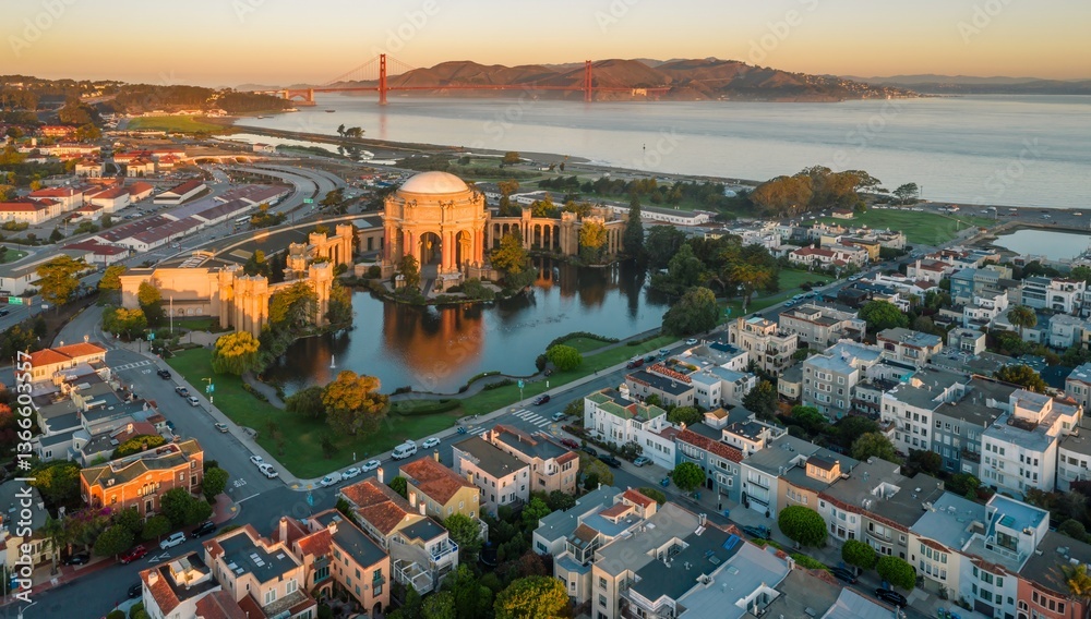Fototapeta premium Aerial view of the Palace of Fine Arts and Golden Gate Bridge at sunrise in San Francisco, California, USA. The photo captures the city's iconic landmarks.