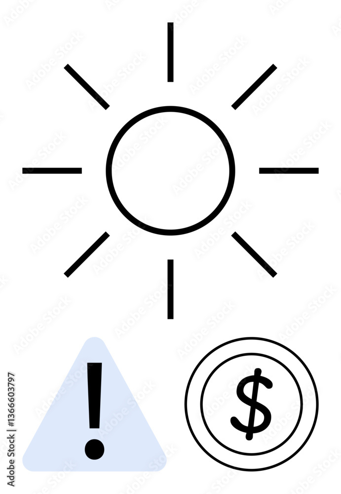 Sun icon with a warning sign and dollar symbol representing energy usage, financial concerns, and climate change. Ideal for energy efficiency, sustainability, cost management, warnings, renewable Sun icon with a warning sign and dollar symbol representing energy usage, financial concerns, and climate change. Ideal for energy efficiency, sustainability, cost management, warnings, renewable