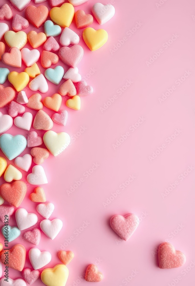 Pink background strewn with vibrant, colorful sugar hearts, ample copy space, romance, food photography, copy space