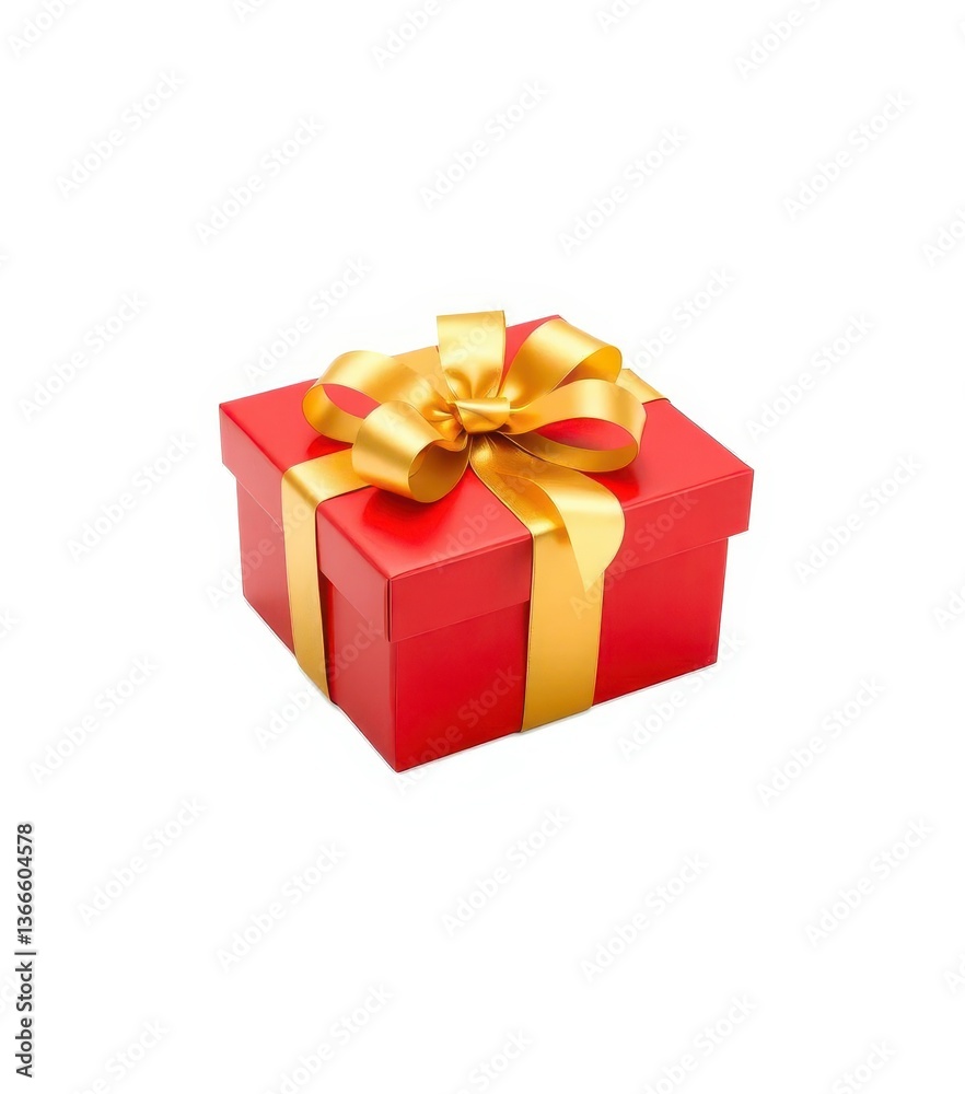 Red gift box with golden ribbon, isolated on white background, red box, template Red gift box with golden ribbon, isolated on white background, red box, template
