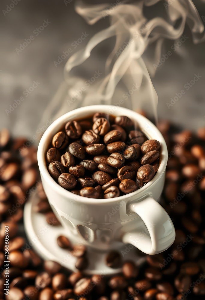 Fototapeta premium Steam rises from coffee beans in a pristine white cup, aesthetic, grain, object