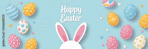 Wallpaper Mural Easter Party Concept with Bunny Ears Colorful Easter Eggs Delicate Spring Flowers on a Pastel Blue Background with Copy Space for Festive Designs Greeting Cards and Holiday Invitations. Easter Holiday Torontodigital.ca