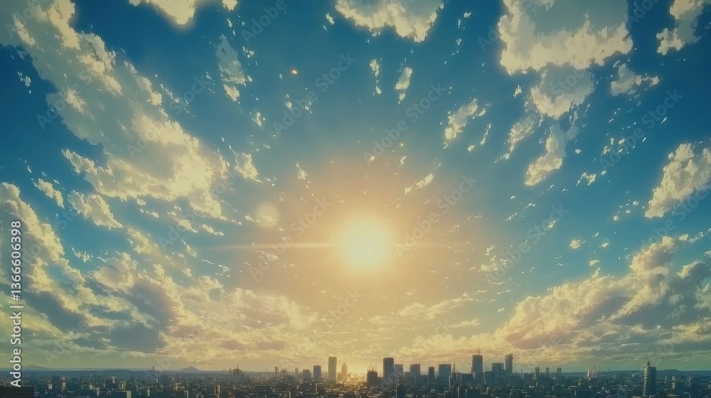 Fototapeta premium The Sun Shining Over a City Beneath a Beautiful Sky