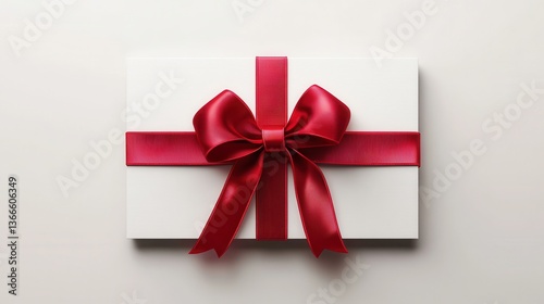 Elegant white gift box with red satin ribbon bow on clean background