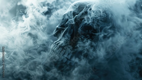 Skull in Smoke: The skull, surrounded by swirling smoke, evokes mystery and a gothic atmosphere, with its partial obscurity creating an eerie, haunting visual tone.
