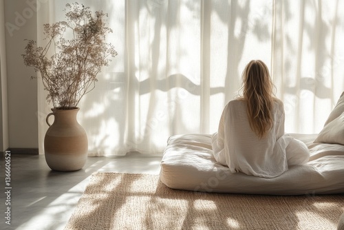 Woman meditating in sunny room with natural shadows