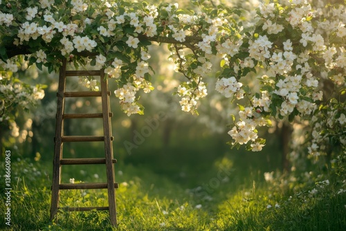 Spring garden with a tree in bloom and wooden ladder under white blossoms photo