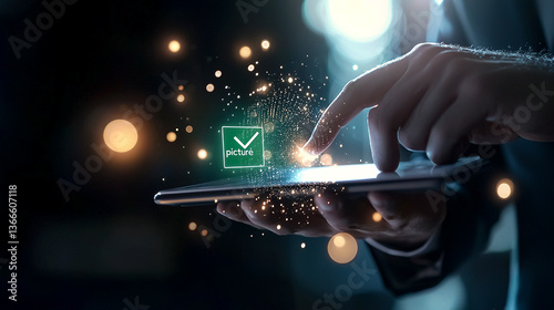 Digital Signature: An illuminated digital signature confirmation, reflecting the cutting-edge evolution of business and security, with a person's fingertip poised to finalize a transaction.