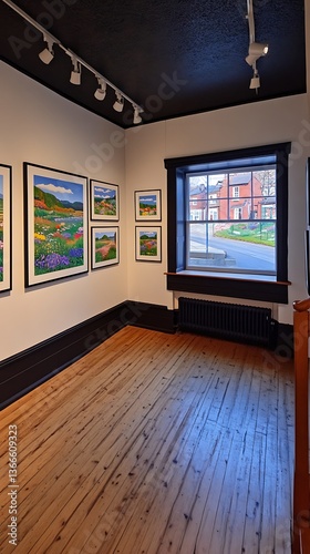 A corner room displaying framed art with a visible window