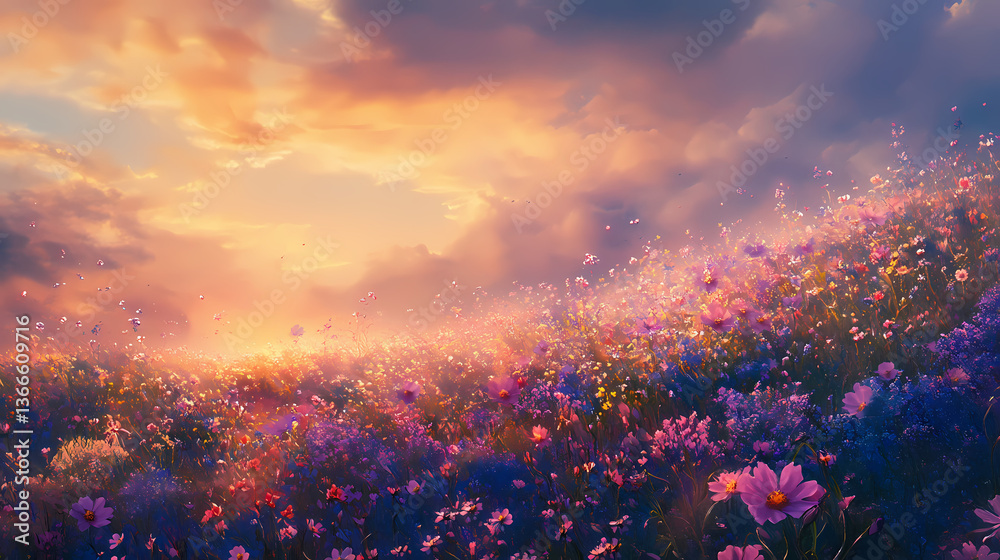 Fototapeta premium A field of wildflowers appears to be glowing with an ethereal light, as if it were a mirage created by the heat of the sun, creating a scene of surreal beauty. Mirage Glow. Illustration