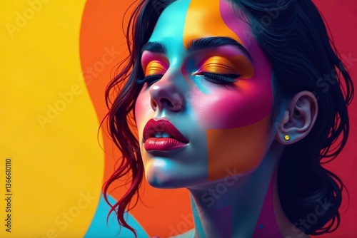 Abstract face-like shape, bold color blocks, geometric style , trendy, illustration, color