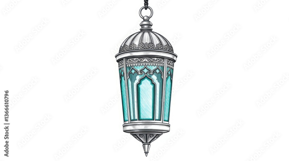 Hanging teal lantern with silver detailing on a white backdrop Hanging teal lantern with silver detailing on a white backdrop
